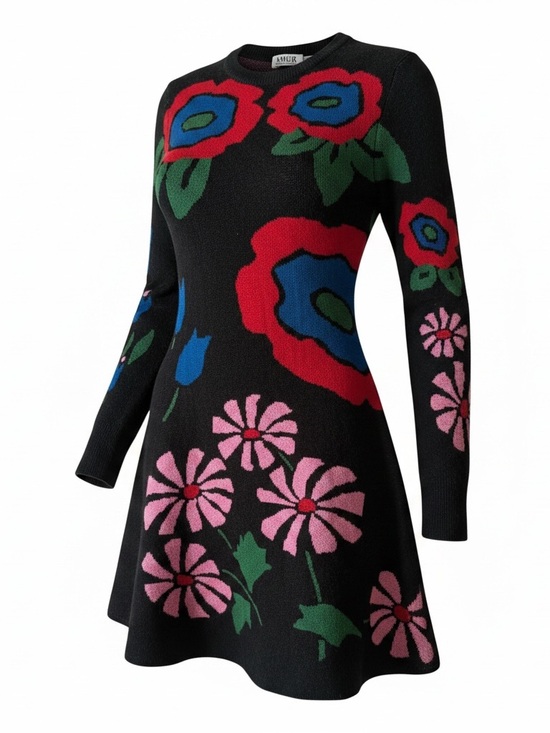 AMUR Dresses & Skirts - AMUR Black Long-Sleeve Knit Dress with Red, Blue, Pink and Green Floral Motif